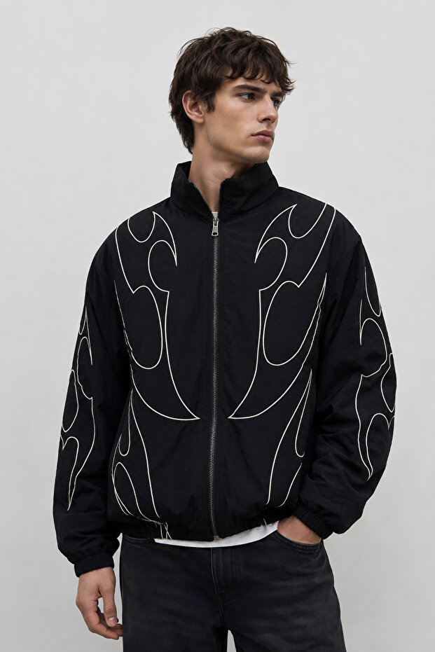 Men's Black Bsk Model Oversize Patterned Bomber Contrast Jacket