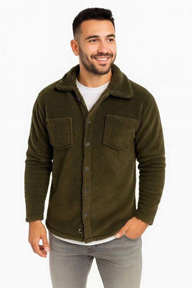 Men's Khaki Plush Fabric Thick Fleece Shirt Collared Buttoned Pocketed Soft Textured Jacket Warm