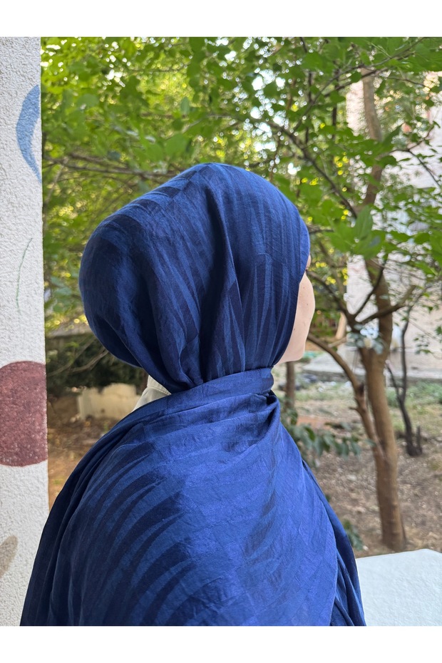 Hijab Cotton Soft Textured Zig Sag Pattern Jacquard Shawl Navy Blue