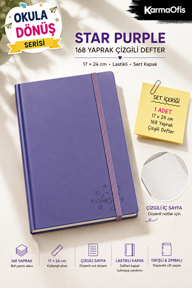 Star Purple – Purple / Planet and Star Patterned | 168 Sheets Lined Elastic Hardcover Notebook 17X24 cm | Stitched and Studded