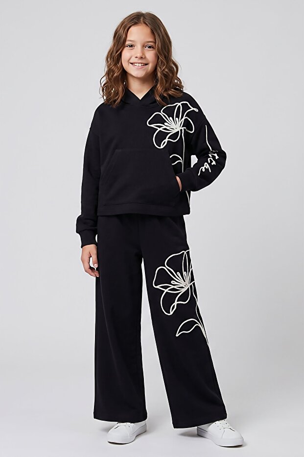 Girls' Two-Thread Hooded Sweatshirt and Wide-Leg Sweatpants Set