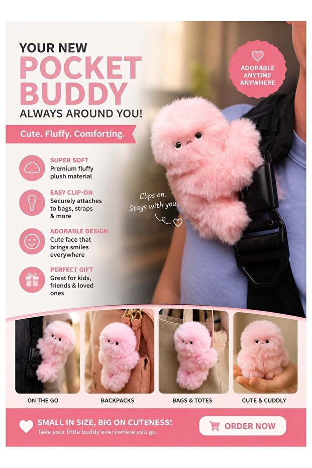 Fluffy Clip-On Plush Toy Pink Pocket Buddy for Backpacks Bags