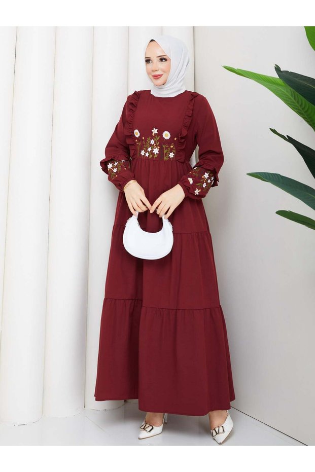 Embroidery Detailed Asel Hijab Dress Burgundy