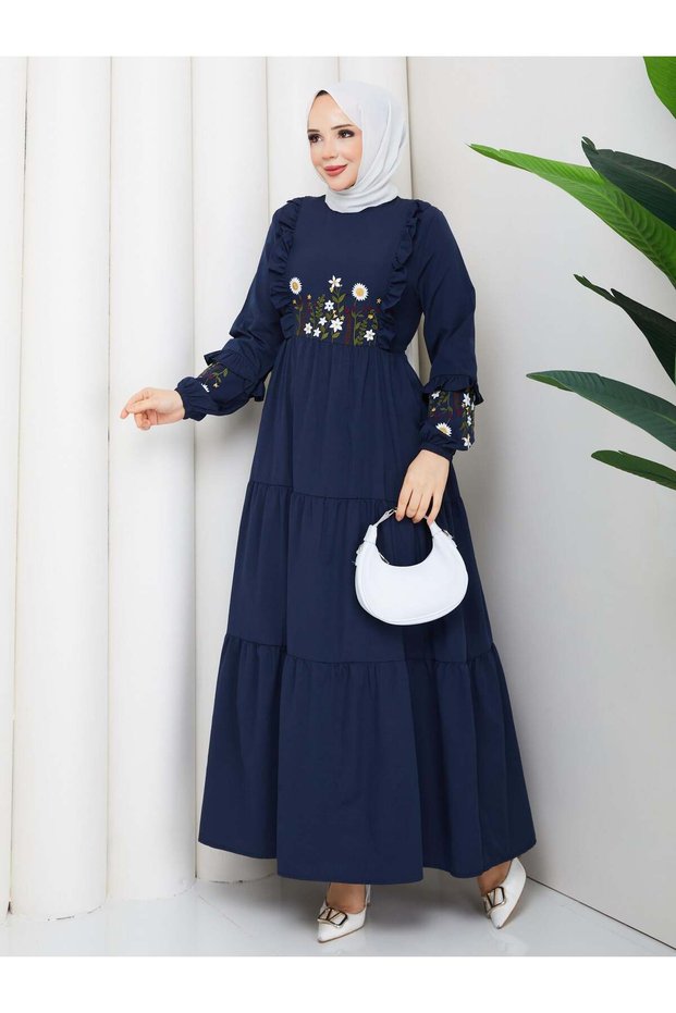 Embroidery Detailed Asel Hijab Dress Dark Blue