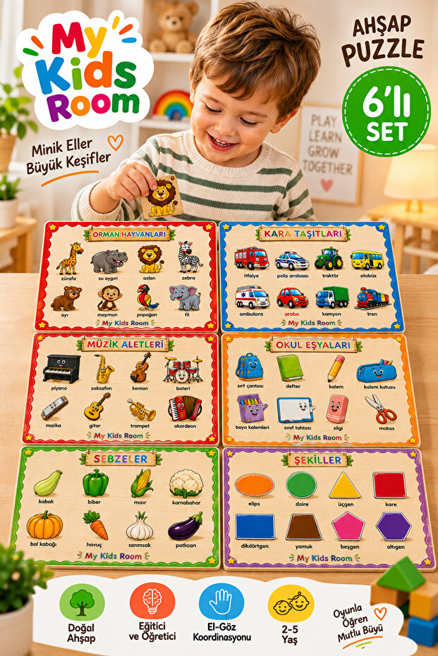 6-Piece Wooden Puzzle Set Educational Learning Find & Match Jigsaw Puzzle Forest Animals Vehicles Musical Instruments Vegetables Shapes