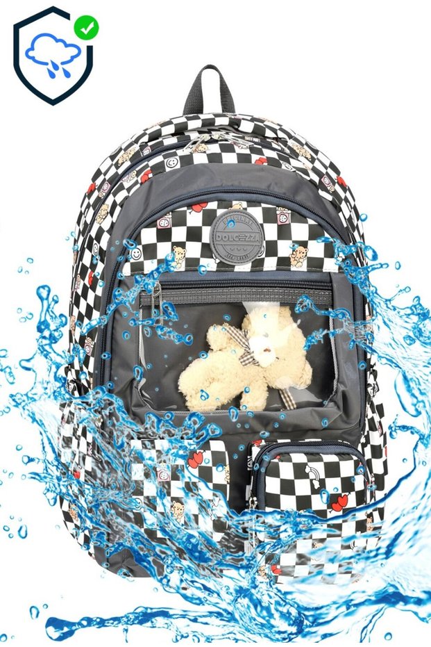 Checkerboard Patterned Kindergarten and Primary School Backpack with Transparent Front Pocket and Teddy Bear Toy