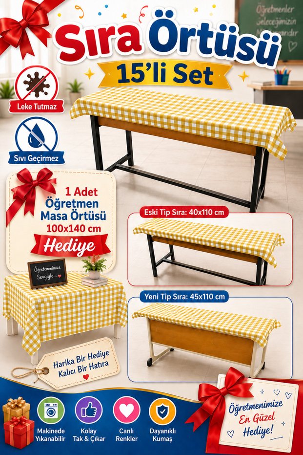 Duck Fabric Tablecloth Set of 15 – Available in Different Sizes and Colors, Stain-Resistant, Liquid-Repellent + Teacher's Desk Cover Gift