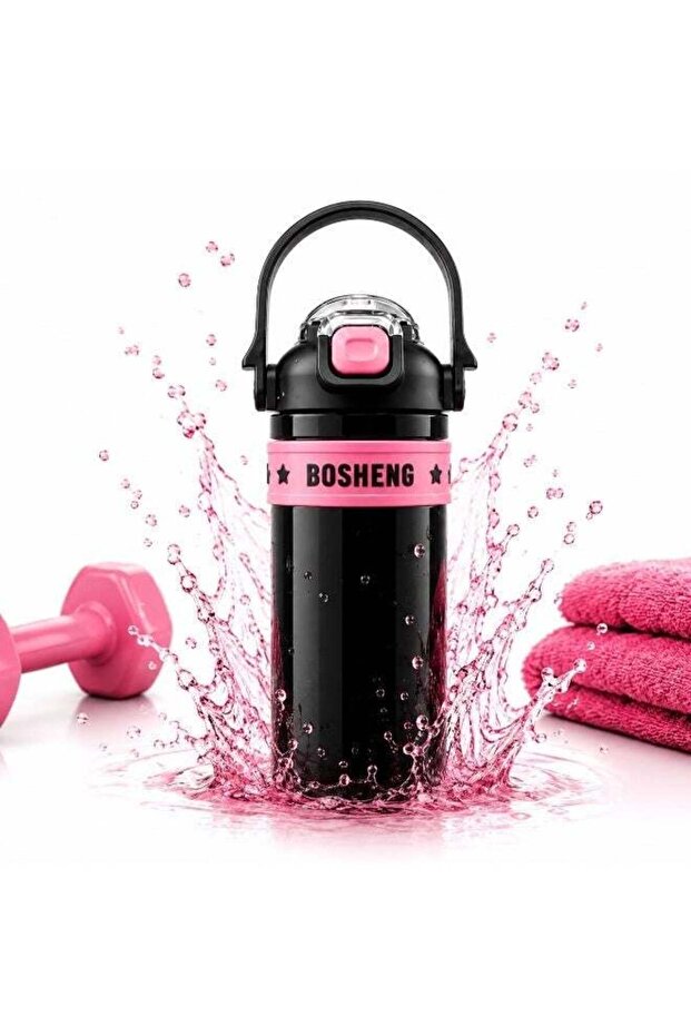 BOSHENG Sports Water Bottle with Carry Handle, Locking Lid & Built-in Straw, Black/Pink