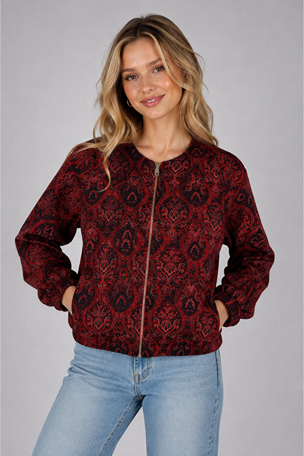 Women's Red Ethnic Patterned Zippered Lined Double Pocket Bomber Jacket Cashmere Coat