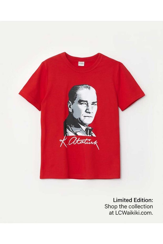 Red Crew Neck Ataturk Printed Boys T-Shirt