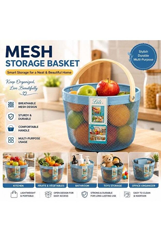 Mesh Storage Basket with Wooden Handle, Round, Blue
