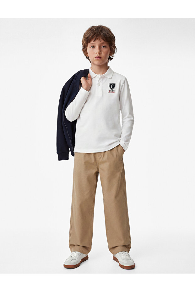 Cotton Long Sleeve Embroidered Polo Collar School T-Shirt