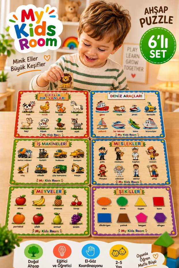 6-Piece Wooden Puzzle Set Educational Learning Find & Match Jigsaw Farm Animals Sea Vehicles Work Machines Professions Fruits Shapes
