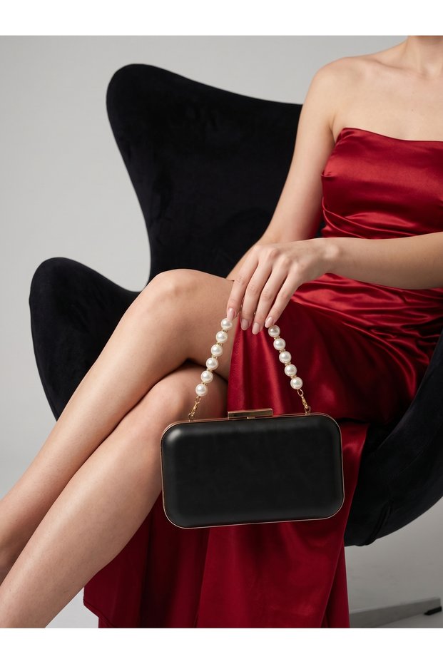 Black Matte Leather with Gold Metal Detail and Pearl Strap Chain Strap Women's Evening Dress Bag Wedding Engagement Graduation