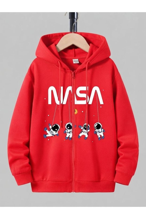 Nasa Written Astronaut Printed Red Zippered Sweatshirt