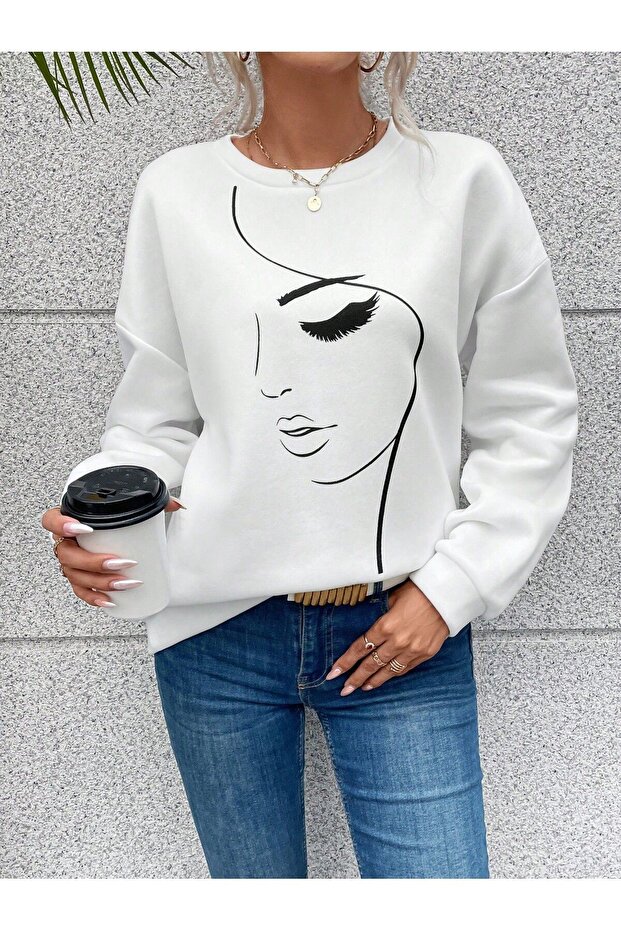 Face Pattern Winter Sweatshirt - White Printed Oversize Crew Neck