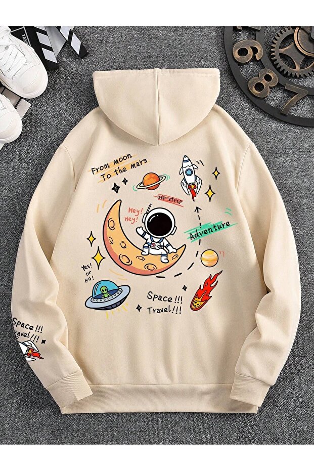 3 İplik Space Travel Thick Winter Sweatshirt - Beige Printed Oversize Hoodie with Pockets