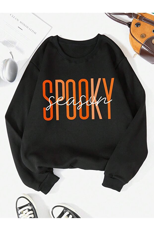 Spooky Season Winter Sweatshirt - Black Printed Oversized Crew Neck
