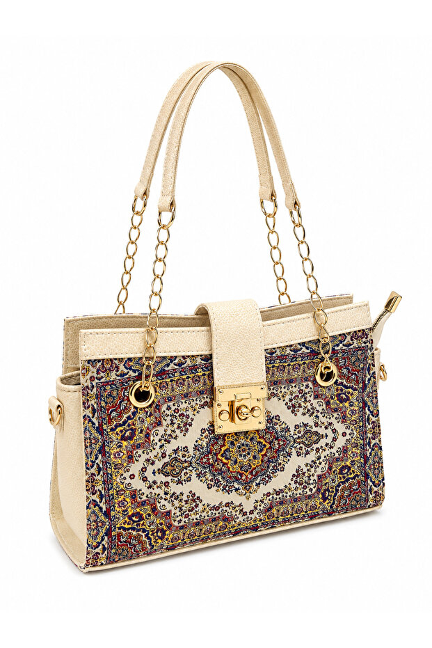Authentic Woven Women's Shoulder Bag – Traditional Carpet Motif Patterned Fabric, Gold Color Chain Strap Handbag