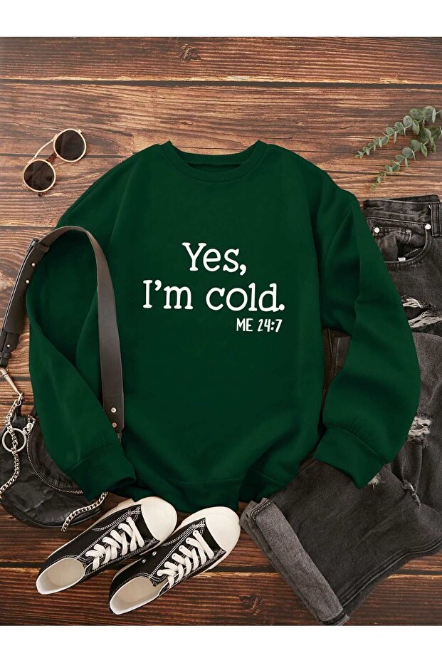 سترة I'm Cold الشتوية السميكة - سترة كبيرة الحجم مطبوعة باللون الأخضر نيفتي مع ياقة دائرية