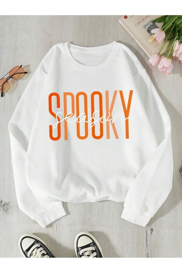Spooky Season Winter Sweatshirt - White Printed Oversize Crew Neck