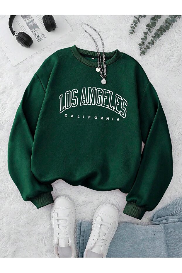 3 Thread Los Angeles California Sweatshirt - Nefti Green Printed Oversize Embroidered Crew Neck