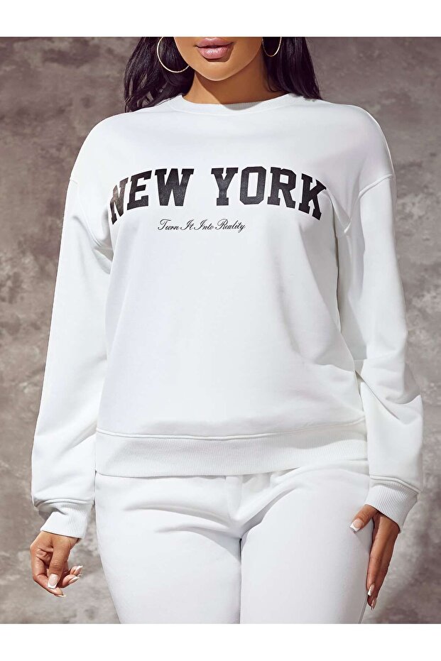 New York Reality Winter Sweatshirt - White Printed Oversize Raised Crew Neck