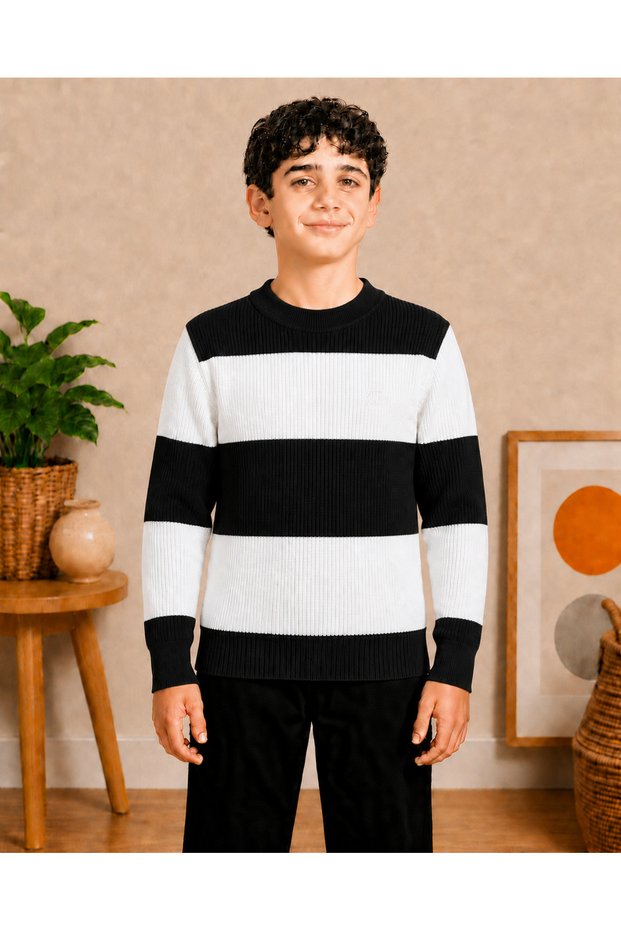 Boys' Crew Neck Striped Ribbed Knit Sweater Long Sleeve Casual Top 7-15 Years