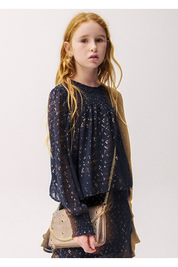 Navy Blue Girls' Gathered Tulle Blouse 7121