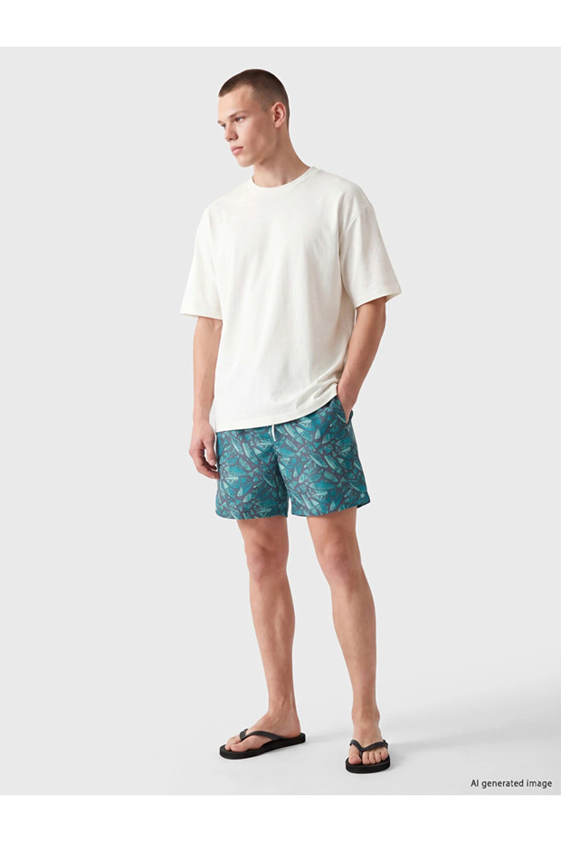 Turquoise Short Length Patterned Men's Swim Shorts