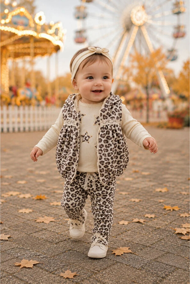 3-Piece Velvet Baby Girl Set with Leopard Pattern Hooded Vest