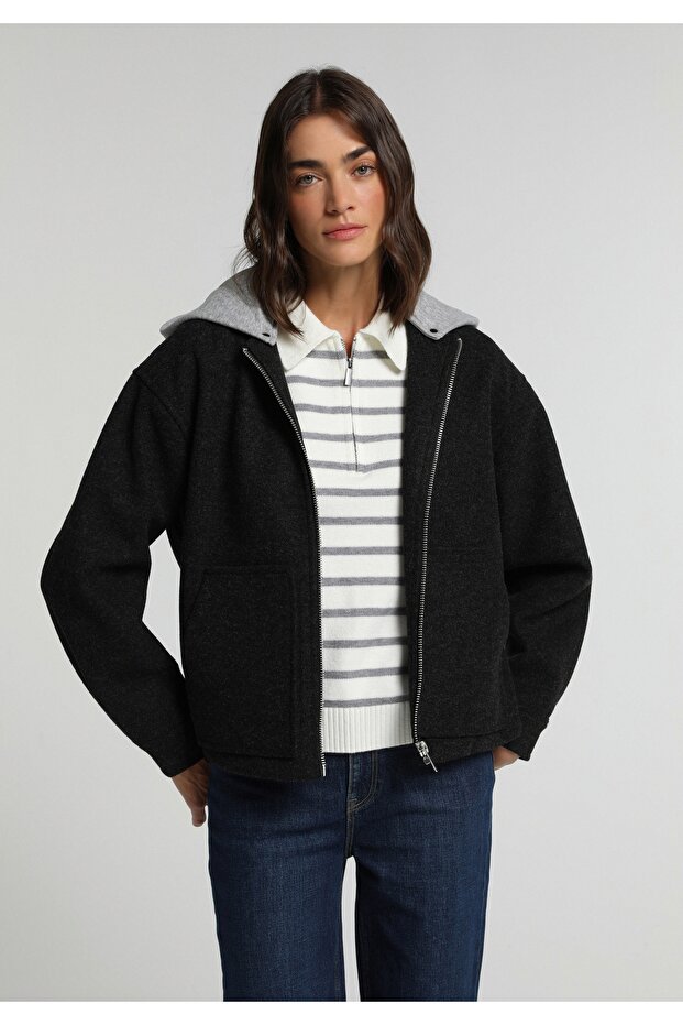 Oversize Fit Zippered Unlined Removable Hooded Women's Anthracite Jacket