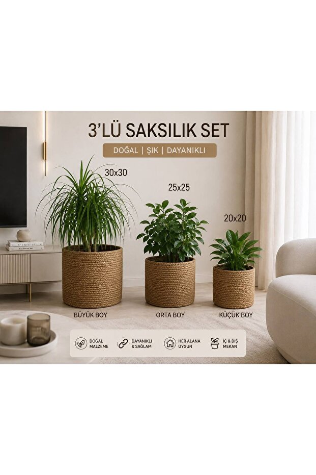 3-Piece Flower Pot Set, Basket, Multi-Purpose Basket, Handmade, Bathroom Basket, Toy Basket, Decorative, Blanket Basket, Flower Pot Set 30X30 25X25 20X20