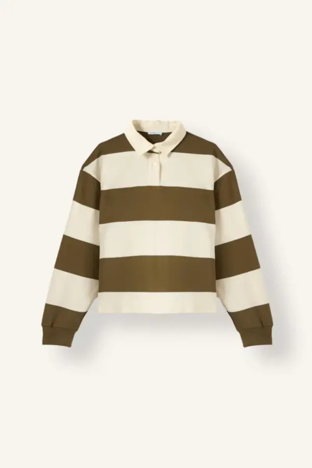 100% Cotton Long Fit Polo Collar Long Sleeve Striped Sweatshirt I2960Ax26Au