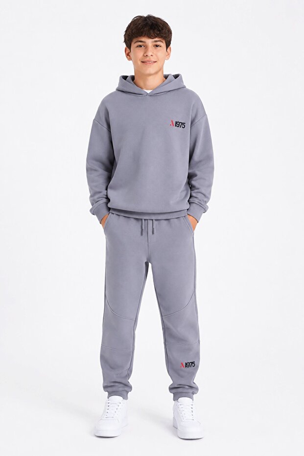 Gray Boy's Hooded Sweatshirt Set with Back Print Detail 24684