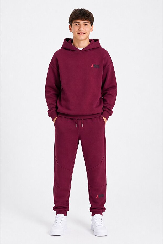 Burgundy Boy's Hooded Sweatshirt Set with Back Print Detail 24686