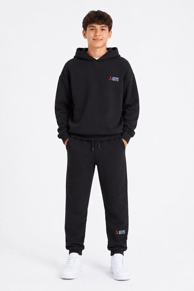 Black Boy's Hooded Tracksuit Set with Back Print Detail 24683