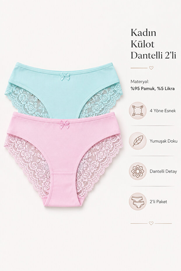 Women's Panties 2 Pack Lycra with Lace Back Cotton Lycra