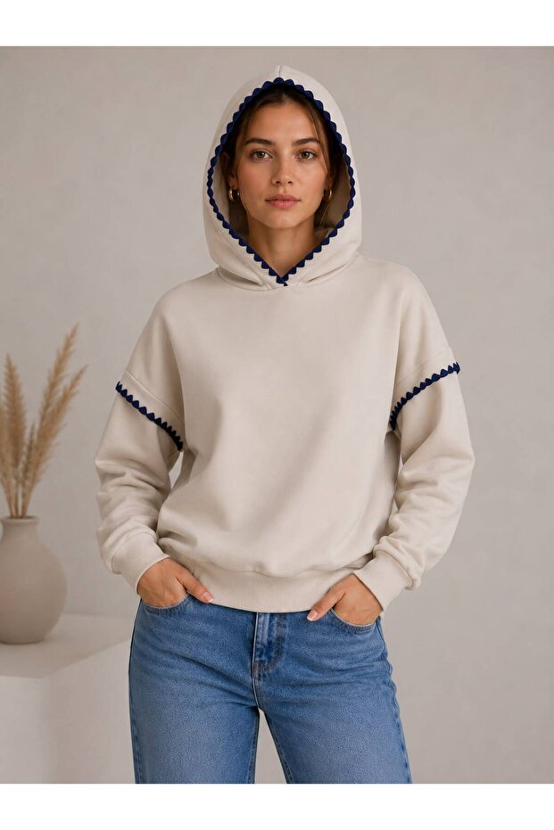 2-Thread Raised Sweatshirt with Hood and Collar and Sleeve Trim Stitching Detail