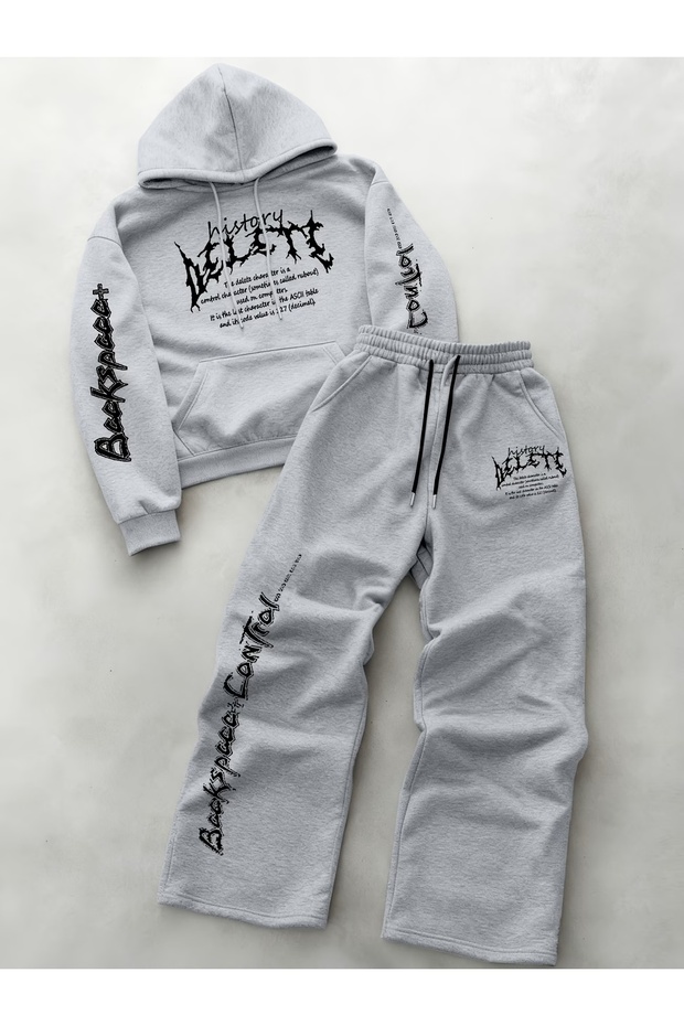 Unisex Women's and Men's Delete Text Printed Oversize 3 Thread Hooded Hoodie and Baggy Sweatpants