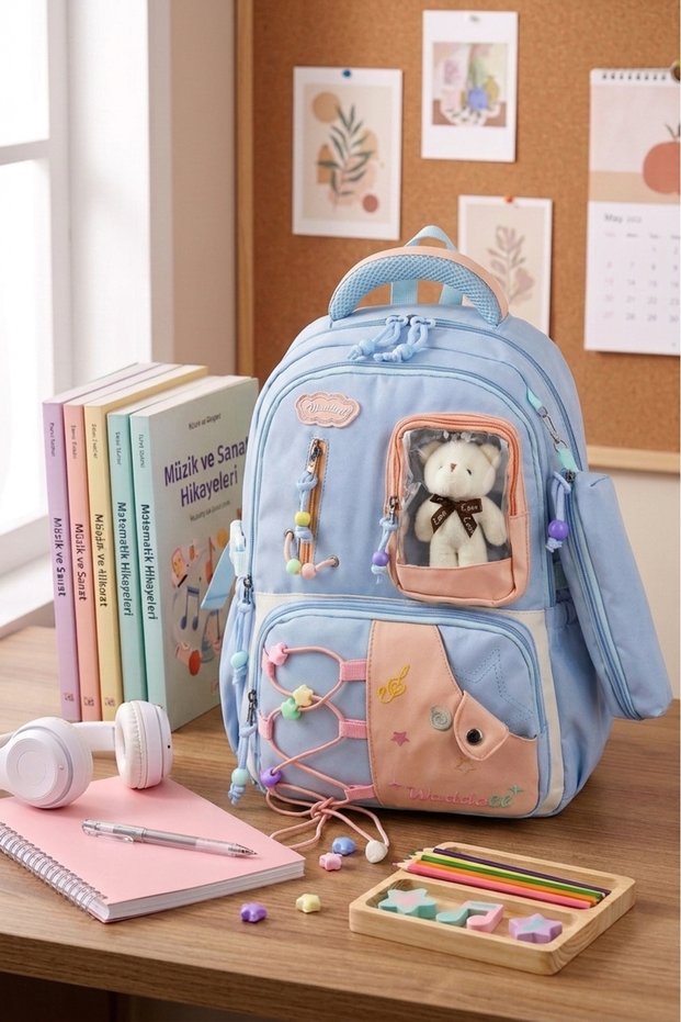 Imported Luxury Waterproof Fabric with Teddy Bear Accessories 26904 Girls' Primary School Bag and Pen Holder Gift