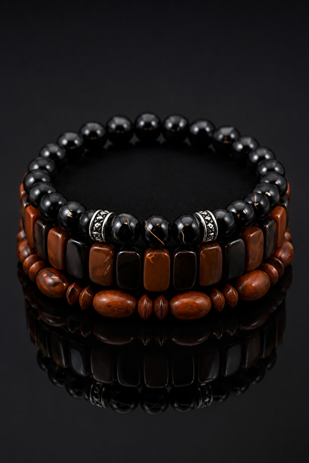 Men's 3-Piece Bracelet Set Brown Black Kuka Model Bead Bracelet Set