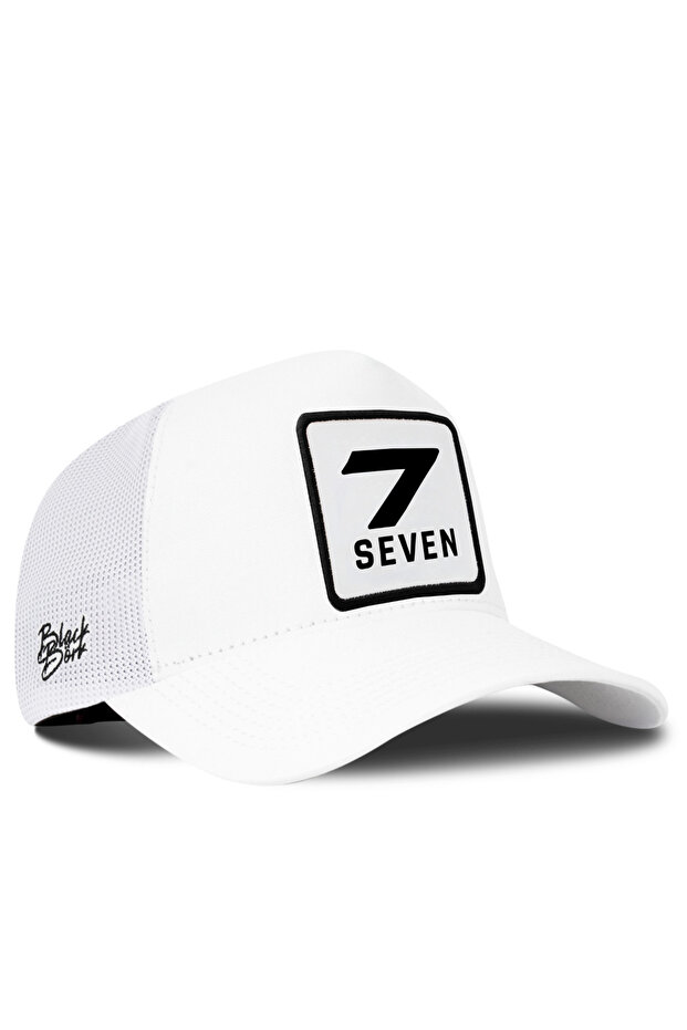 White Trucker Hat with Number 7 Logo