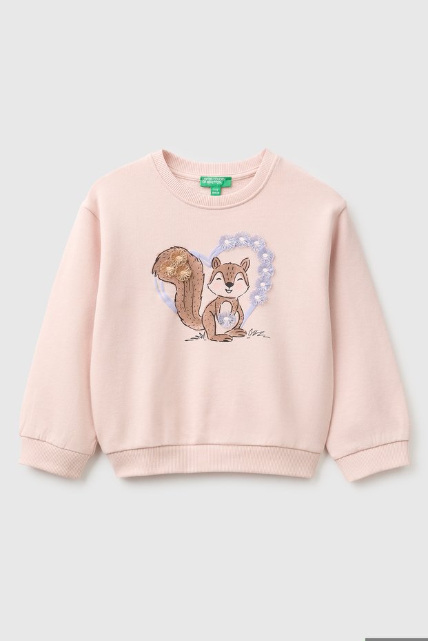 Girl's Powder-Colored Embroidered Long-Sleeved Crew Neck Sweatshirt
