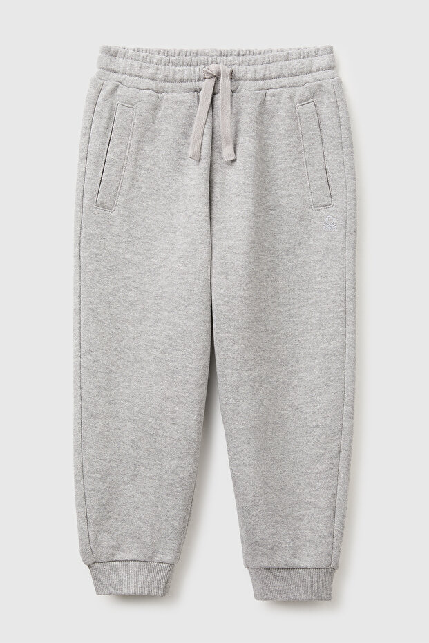 Boy's Gray Melange Ribbed Drawstring Sweatpants with Embroidered Logo on the Front