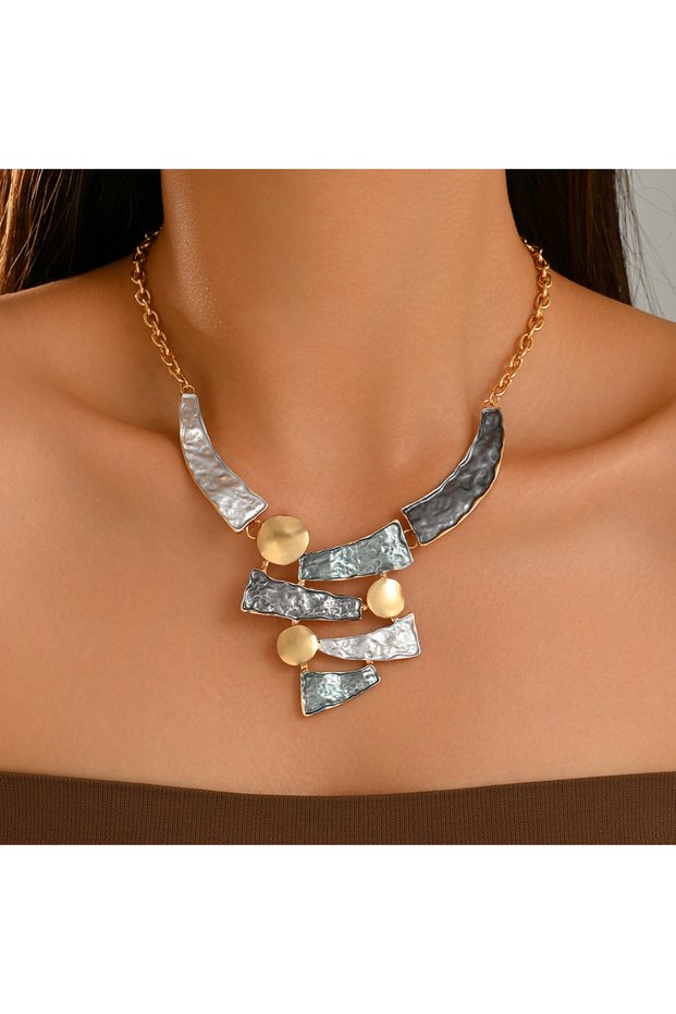 Multicolour 42cm N-2028LS Boho Colorful Enamel Geometric Bib Necklace Hammered Statement Jewelry for