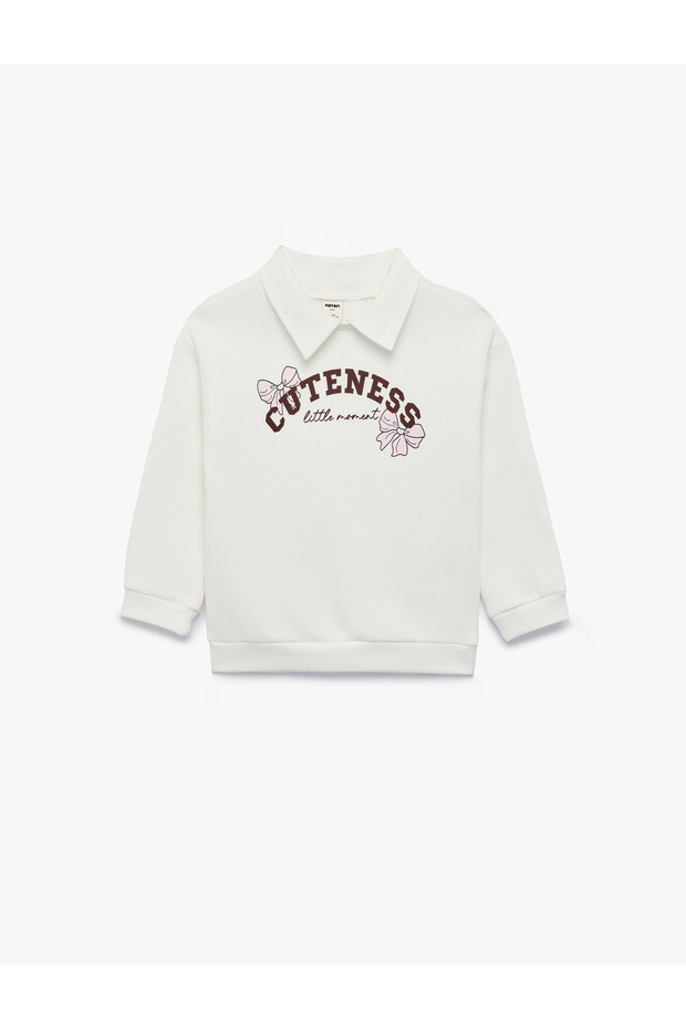 Long Sleeve Three Thread Ribbed Bow Printed Polo Collar Sweatshirt