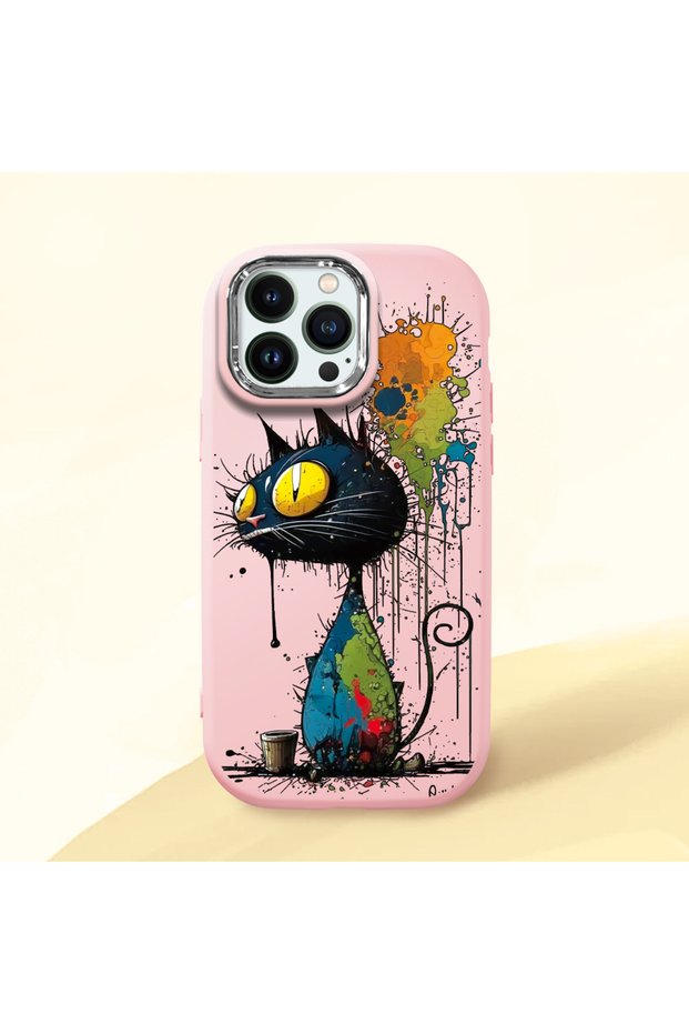 iPhone 13 Pro Max Compatible Graffiti Style Black Cat Phone Case, Shockproof Silicone Case
