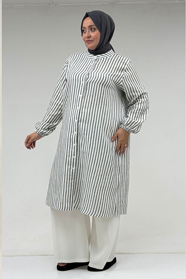 68095 Plus Size Judge Collar Striped Linen Tunic - Striped Navy Blue