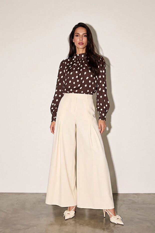 Coffee-Ecru High Neck Cuffed Blouse